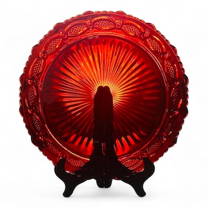 10.5” Cape Cod 1876 Avon Collection Ruby Red Glass Dinner Plate. Red Pressed Glass