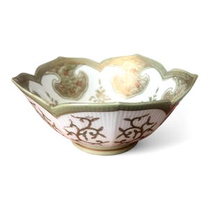 Vintage Chinoiserie Greek Key Bowl by Andrea Sadek #8158 | Porcelain Hand Painted Lotus 8" Bowl | Elegant Centerpiece Serving Bowl