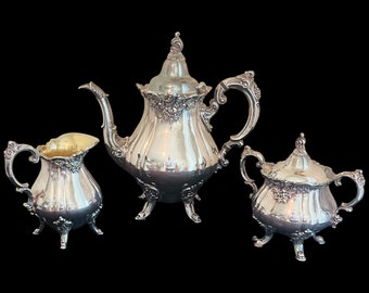 Baroque by Wallace Silver Plate Tea Set Teapot, Creamer and Sugar | Baroque Silver Set | Vintage Decor | Vintage Tea Party
