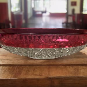 Large Ruby Flash Diamond Point Bowl 13.25&quot; | Mid Century Glass | Kings Crown Dishes | Vintage Cottage Chic | Mid Century Modern