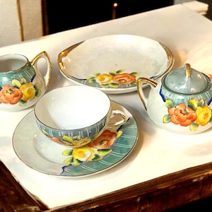Lustreware Tea Set | Miniature Japan China | Doll Size Small Plate, Tea Cup and Saucer, Sugar Bowl and Creamer | Gift for a Child