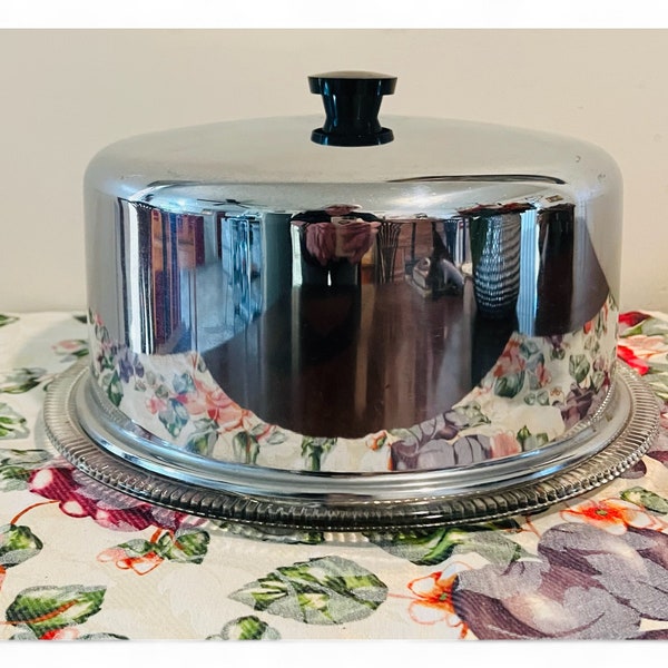 Mid Century Chrome Cake Dome with Ribbed Footed Glass Plate