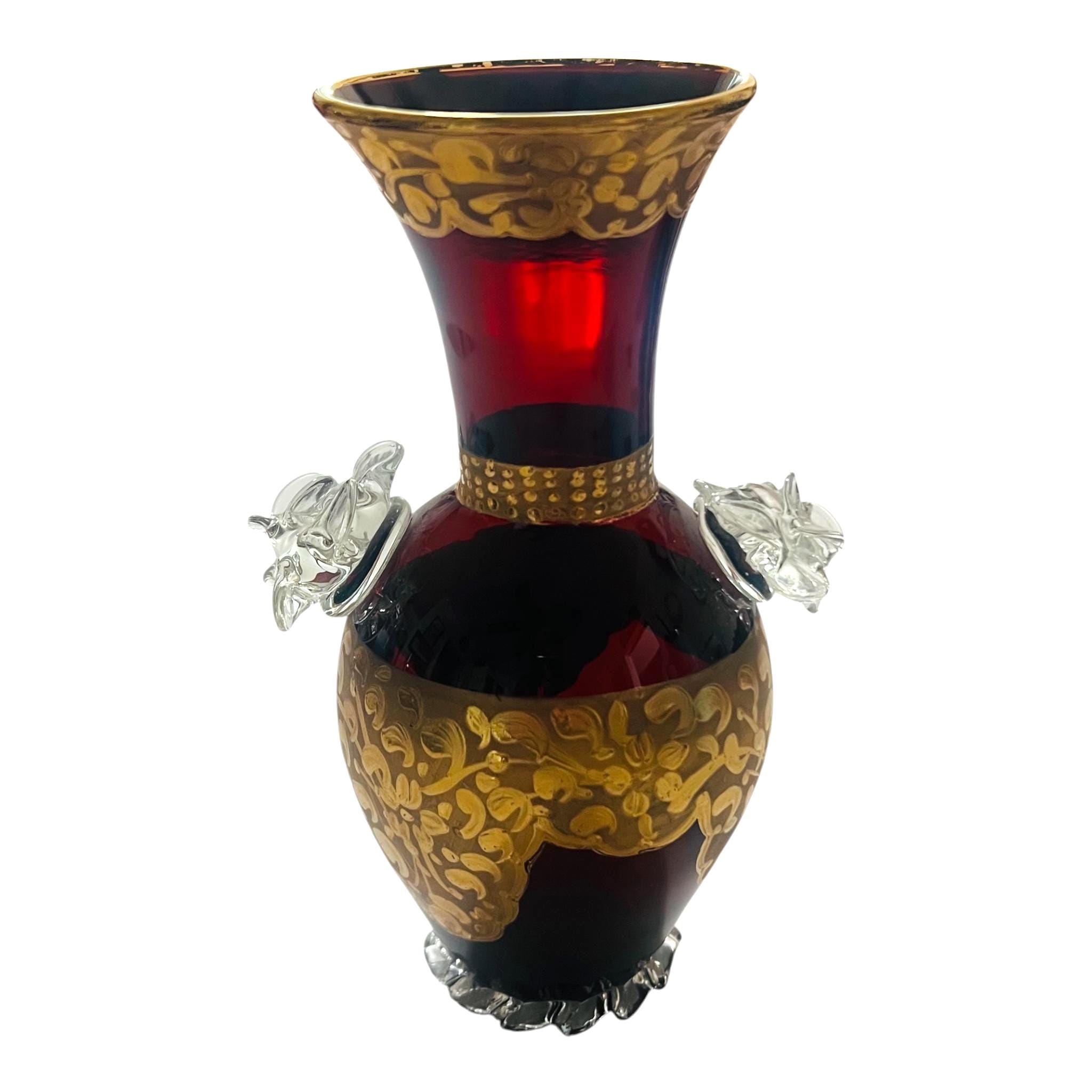 Vintage Ruby Red Art Glass Vase With Gold Gilt Enamel | Applied Clear ...