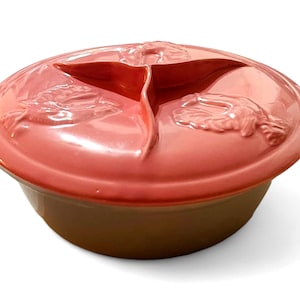 MCM Pink & Grey Serving Bowl with Lid | Roosters Decor | Farmhouse Chic | USA Pottery | Mid Century Pottery | Farmhouse Kitchen