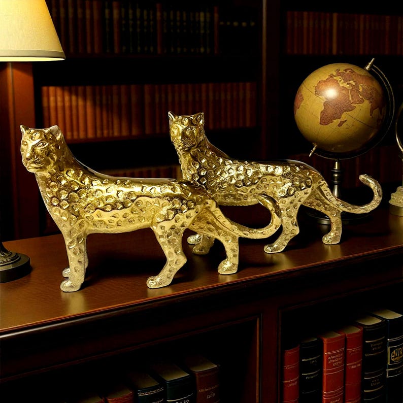 2 ~ VTG BRASS 5.8" Tall x 9" Long Cheetah Sculpture | Set of Two | Home Decor