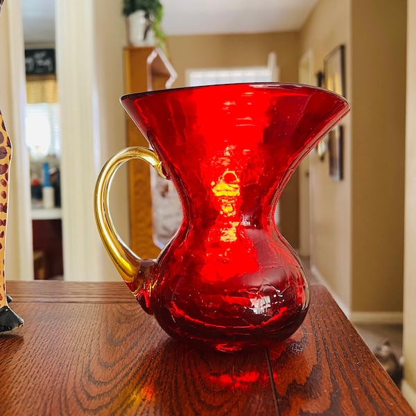 Ruby Red Squat Pitcher, with Applied Yellow Handle, Blenko