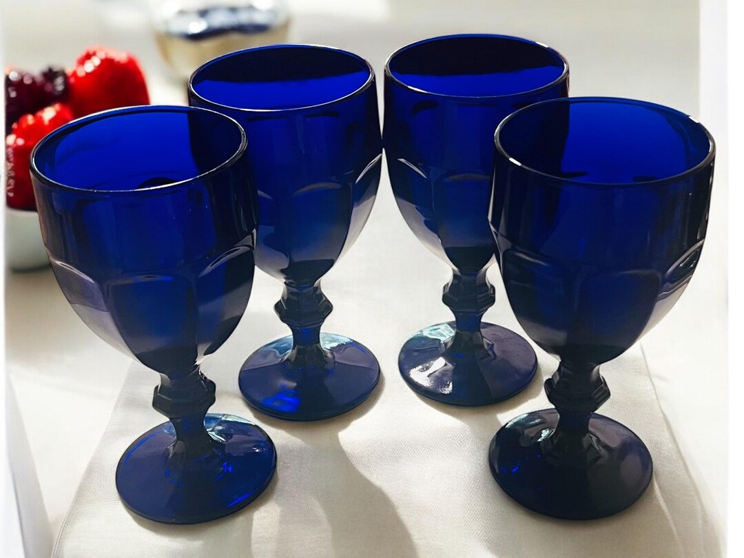 4 ~ Cobalt Blue Glass Wine Goblets | Duratuff Cobalt Blue Water Goblets ...