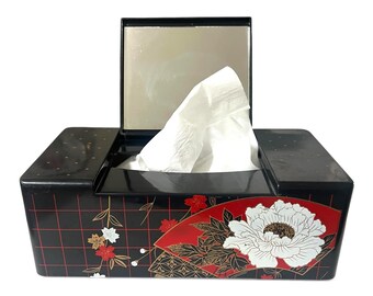 MCM Japanese Black Lacquer Tissue Box w/Mirror | Black Bedside Serviette Holder | Desk Storage | Asian Home Decor | Bathroom Decor