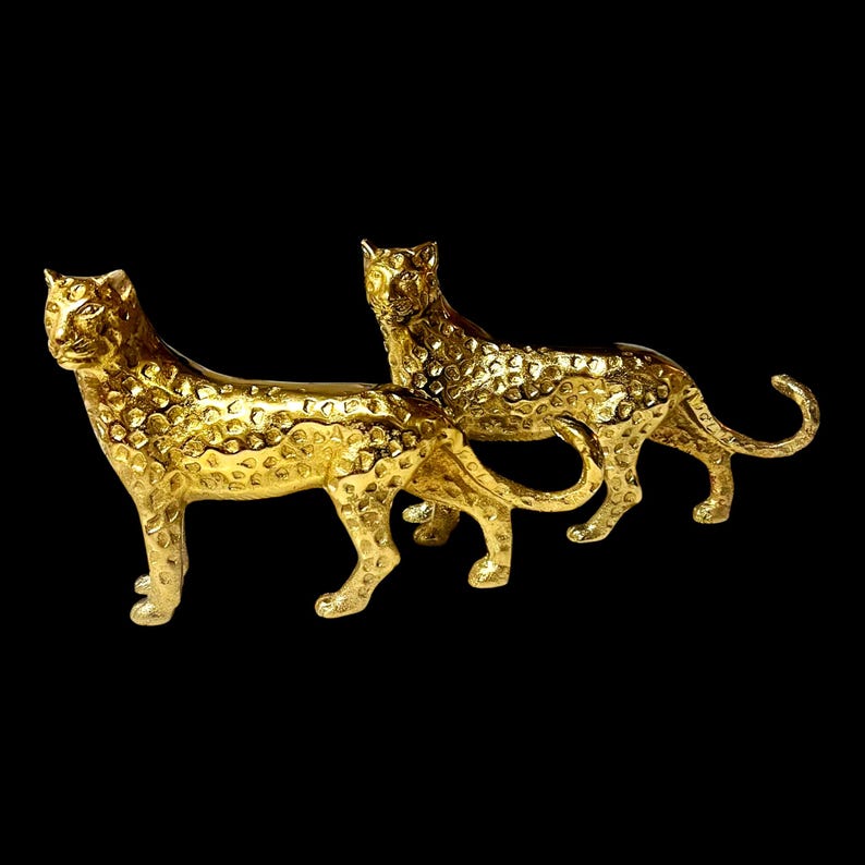 2 ~ VTG BRASS 5.8" Tall x 9" Long Cheetah Sculpture | Set of Two | Home Decor