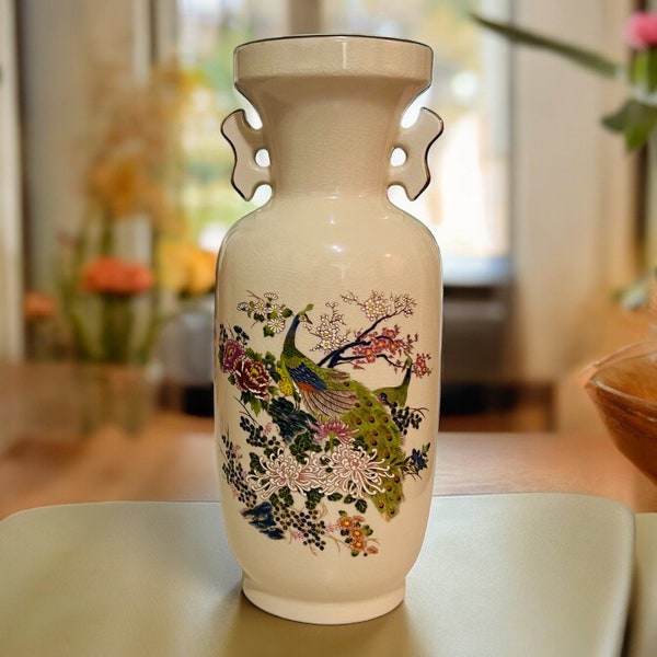VTG Peacock Vase | Japan | Crackle Glaze with Gold Trim 12" | Handles