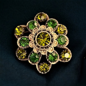 40s Domed Green Rhinestone Faceted Gold Tone Brooch, 1940’s Vintage Jewelry