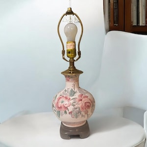 Chinoiserie Lamp | Asian Pink Floral Vintage Lamp | Asian Decor 18.5&quot; Tall