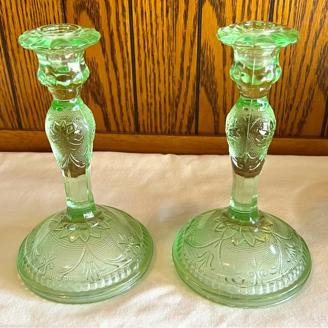 Indiana Green Glass Tall Candlesticks Tiara Chantilly Green Etsy