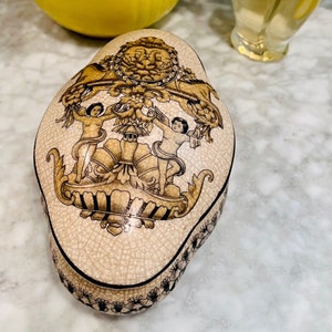 Angel Trinket Box,  French Heraldic Coat of Arms Horses Cherubs,  vintage Earthenware Jewelry Box