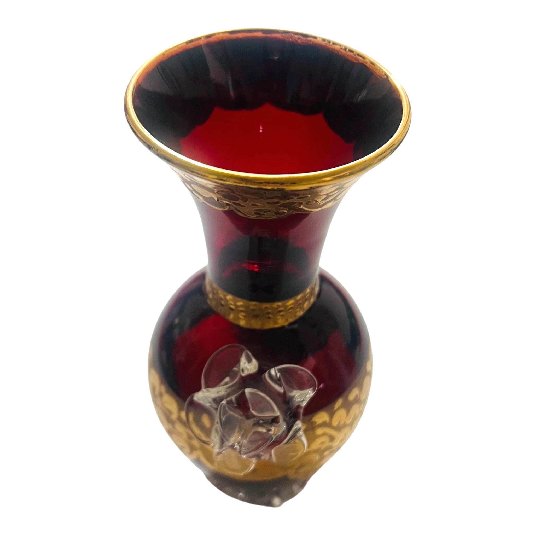 Vintage Ruby Red Art Glass Vase With Gold Gilt Enamel | Applied Clear ...