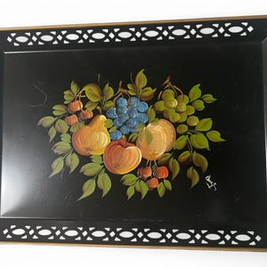 XLarge Metal Tray | Fruit Still Life | Handpainted Cut Out Metal Tray with Handles, Signed | 23.25&quot; x 16&quot; | Vintage Toleware Metal Tray