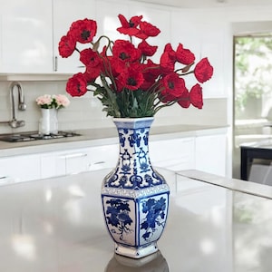 VTG 14&quot; Tall Asian Porcelain Vase | Blue and White Chinese Vase | Vase Centerpiece | Blue & White Decor