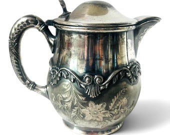 Antique Barbour Silver Co. Quadruple Plate Creamer with Hinged Lid, Victorian Floral Silverplate Cream No. 2408, Early 1900s