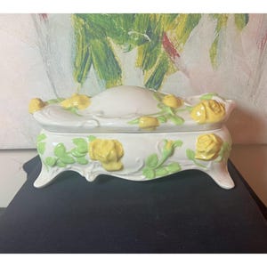 Vintage Large Nano Sculpted Porcelain Yellow Rose Footed Trinket Storage Box | Cottage Chic Decor | Trinket Vanity Box
