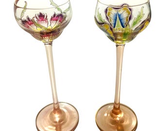 Antique Bohemian Art Nouveau Enamel Cordial Glasses Matched Pair | Hand Blown 1900s European Heirloom Liqueur Stems