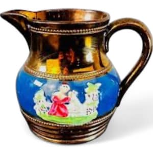 c1860 Copper Lustre Pitcher Blue Banded Jug with Child & Dog 5&quot; tall