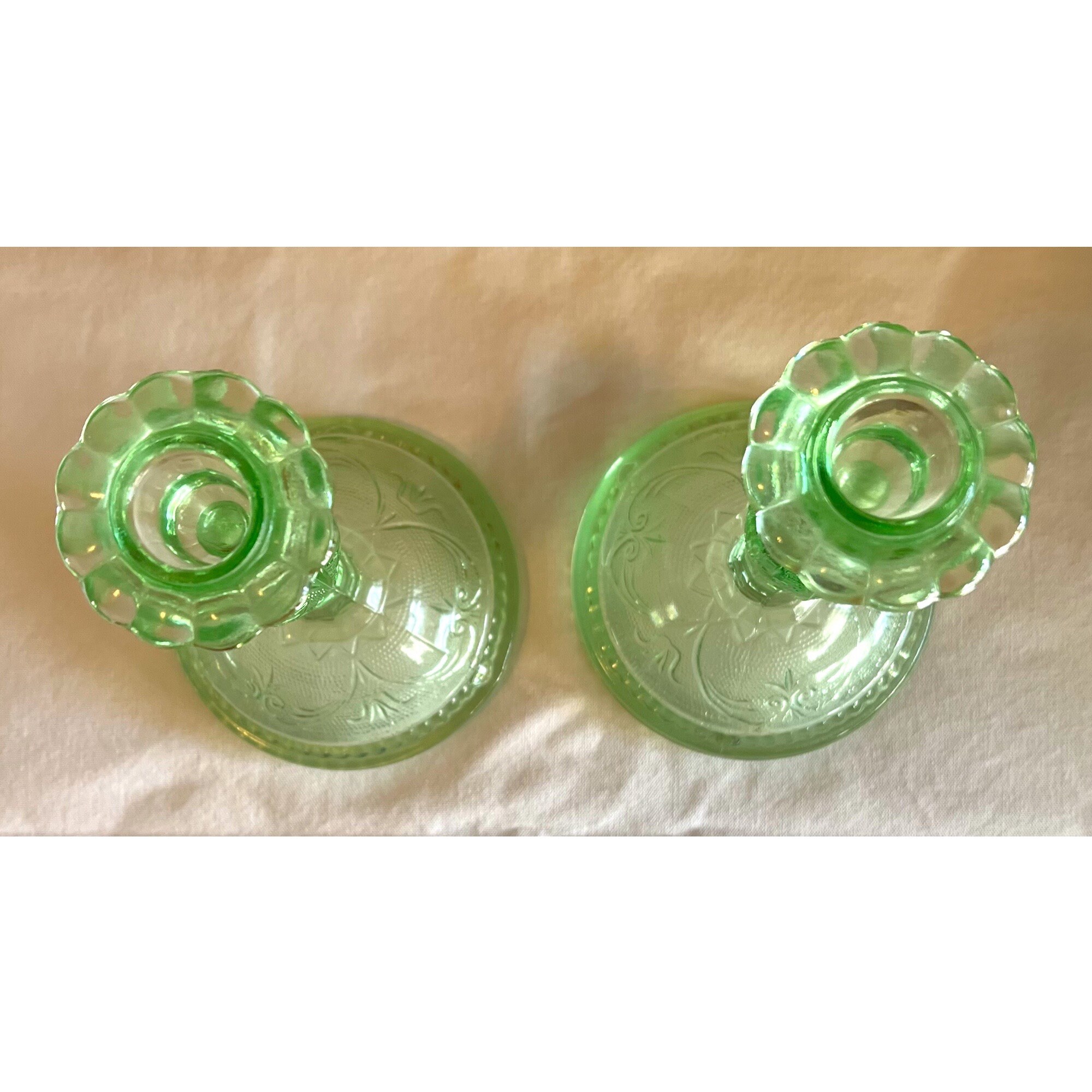Indiana Green Glass Tall Candlesticks Tiara Chantilly Green Etsy
