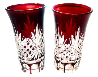 2 ~ Vintage Ruby Red Cut to Clear Cordial Glasses, Set of Two, | Bohemian Crystal Liquer Glass | Handcut Overlay Barware | 4" Tall