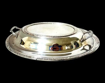 Vintage Silverplate Covered Serving Dish with Floral Border, Mid Century Oval Vegetable Tureen Serve, Elegant Hollywood Regency Entertaining