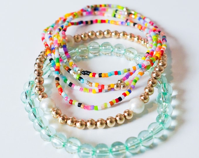 The Jazzy Stack- Seed Bead Bracelet Stack of 4 or Stack 6, Dainty Bracelets, Minimalist Bead Bracelet, Dainty Seed Bead Bracelet,