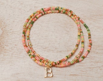 Gingerbread Mix Seed Bead Bracelet Set: Personalized Initial, 18k Gold