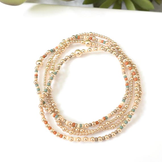 Miyuki Seed Bead Bracelet: 14k Gold Filled Linen Stretchy Bracelet