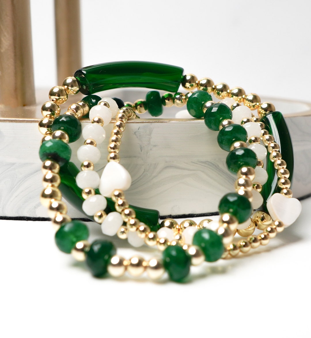 Emerald Green Jade Bracelet: Gold Plated Bead Stack - Etsy