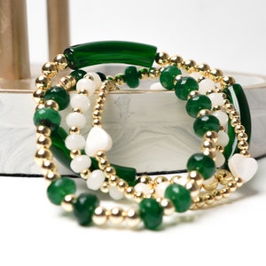 Emerald Green Jade Bracelet: Gold Plated Bead Stack