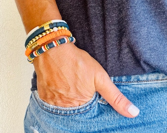 Astros Bracelet Stack: Orange, Navy & Gold Heishi Bead Bracelets