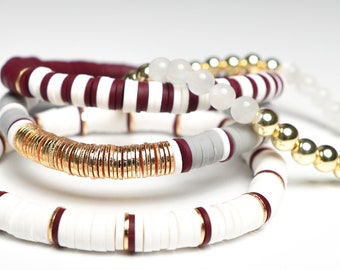 Texas A&M Heishi Bracelet Stack: Maroon, White, Gray, Moonstone