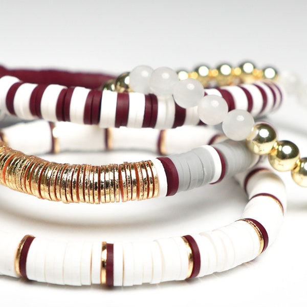 Texas A&M Heishi Bracelet,  Maroon , White, Gray and moonstone. Bracelets Layering, Bracelet Stack, Gift for Mom