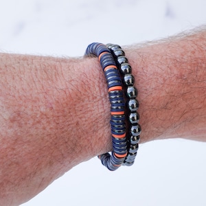 Astros Bracelet Set: Navy Heishi & Black Hematite, Men&#39;s Gift