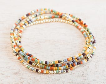 Autumn Fog Seed Bead Bracelet Stack: 18K Gold-Plated Hematite