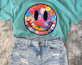 Floral smiley spring comfort color graphic tee shirt