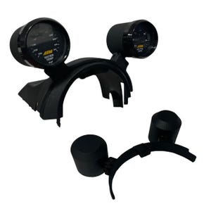 May include: Black automotive gauges with curved mounting brackets. One gauge reads water temperature, the other reads air fuel ratio. The gauges are labeled with the AEM logo.