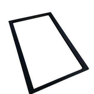May include: Black plastic frame for a picture or artwork. The frame is rectangular and has a smooth, matte finish.