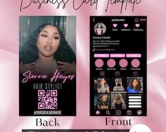 May include: A pink and black business card template for a hair stylist. The front of the card features a profile picture of the stylist, a QR code, and the text "Sierra Hayes Hair Stylist". The back of the card features a social media profile with the text "joythecreator" and buttons for "Follow", "Message", and "Contact".