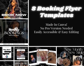 Könnte beinhalten: Acht schwarz-weiße Canva-Vorlagen für Buchungsflyer. Der Text "8 Booking Flyer Templates" ist in Weiß auf schwarzem Hintergrund. Der Text "Made In Canva! No Pro Version Needed Easily Accessible & Easy Editing" ist in Weiß auf schwarzem Hintergrund. Der Text "Monthly Bookings Now Available!" ist in Weiß auf schwarzem Hintergrund. Der Text "Book Now at yourwebsite.as.me" ist in Weiß auf schwarzem Hintergrund. Der Text "Book Now yourwebsite.as.me" ist in Weiß auf schwarzem Hintergrund. Der Text "Bookings Now Open" ist in Weiß auf schwarzem Hintergrund. Der Text "New Month New Style 15€ Anzahlung erforderlich" ist in Weiß auf schwarzem Hintergrund. Der Text "New Month New Style" ist in Weiß auf schwarzem Hintergrund. Der Text "yourwebsite.as.me @yourinstagram" ist in Weiß auf schwarzem Hintergrund. Der Text "Monthly Bookings Now Open" ist in Weiß auf schwarzem Hintergrund. Der Text "1:11 More Book Now" ist in Weiß auf schwarzem Hintergrund.