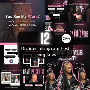 Op de afbeelding: Twaalf Instagram-posttemplates voor vlechteressen, met afbeeldingen van vrouwen met verschillende gevlochten kapsels, tekstoverlays en een prijslijst. De sjablonen zijn ontworpen om vlechtdiensten te promoten en nieuwe klanten aan te trekken.