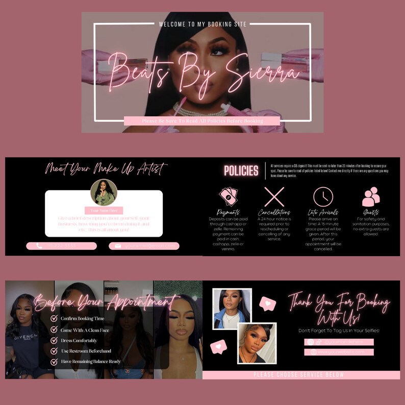 Op de afbeelding: Een promotionele afbeelding voor "Beats By Sierra" make-upservices. Het ontwerp bevat een afbeelding van een vrouw, tekst en pictogrammen. Tekst omvat "Welcome to My Booking Site", "Meet Your Make Up Artist" en "Thank You For Booking With Us!"