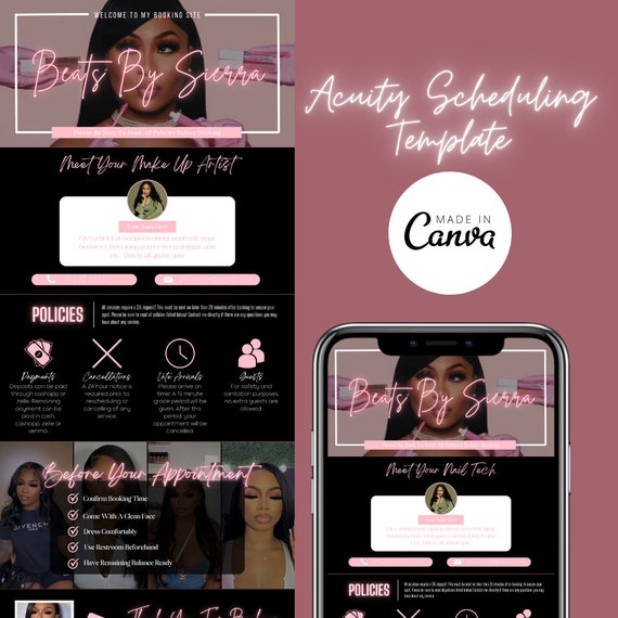 Makeup Artist Acuity Scheduling Template: Editable MUA Branding (Canva)