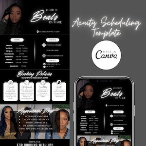 May include: A black and white graphic design template for a business called "Beats by Marie". The template includes a schedule, booking policies, and appointment preparation information. The template is made in Canva.