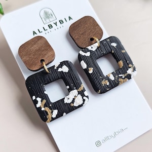 Black Polymer Clay Dangle Earrings: Lightweight Handmade Jewelry