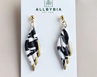 Handmade Polymer Clay Dangle Earrings, Black White Gold