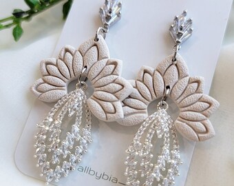 FREYA | White poplar, silver, Polymer Clay earrings, lightweight earrings, Dangle Earrings, Statement Earrings, Clay earrings,Cubic zirconia